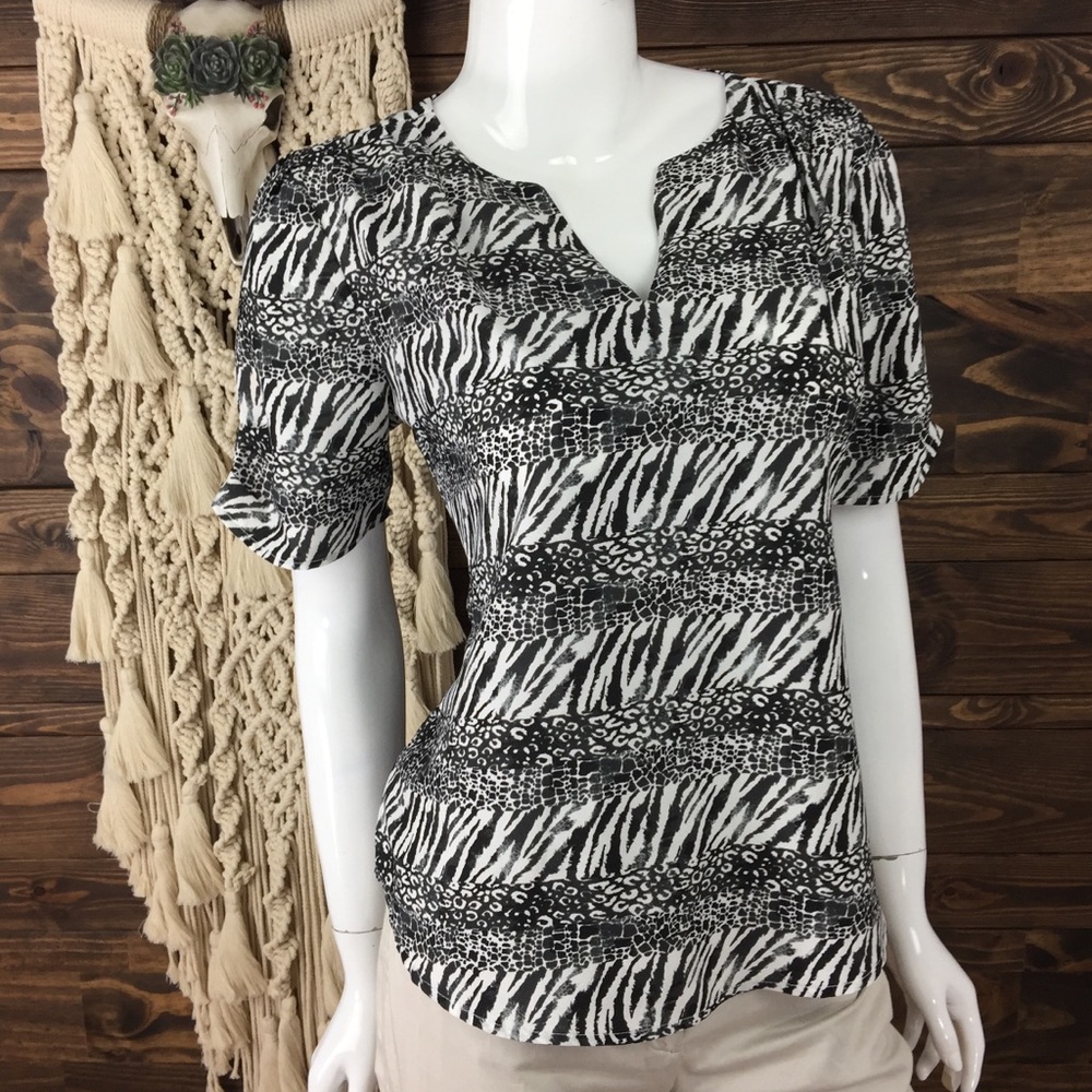 Milano | Ruched Split‎ Cheetah Zebra Striped Blouse